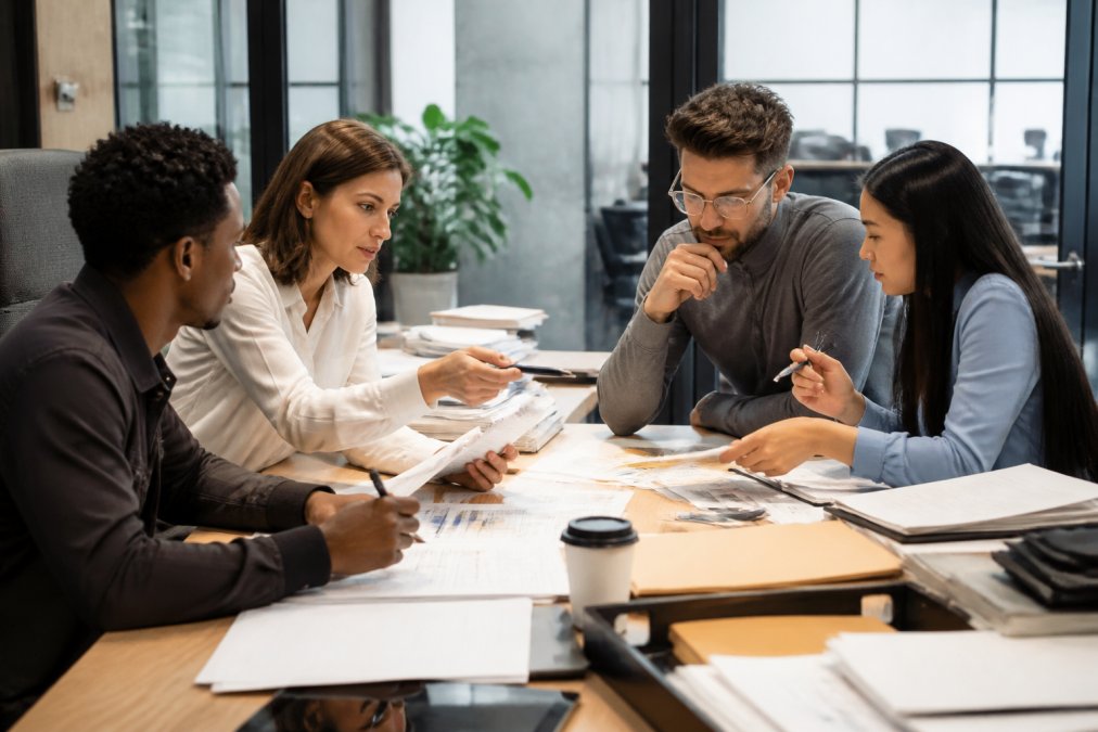 Team of music professionals collaborating around a desk with multiple monitors displaying financial dashboards and payment tracking, royalty reports, and artist earnings breakdowns in a modern office setting