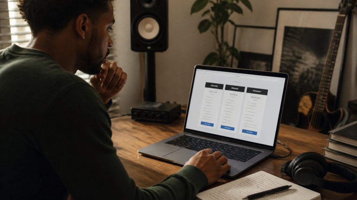 An independent music artist at a home studio desk comparing subscription pricing options on a laptop screen, with a notebook and headphones nearby, warm evening light