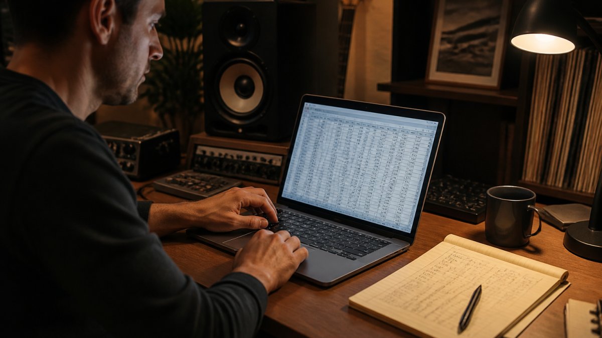A label manager reviewing royalty reports on a laptop in a home studio, spreadsheet open on screen and a notepad with handwritten figures beside the keyboard, warm desk lamp lighting