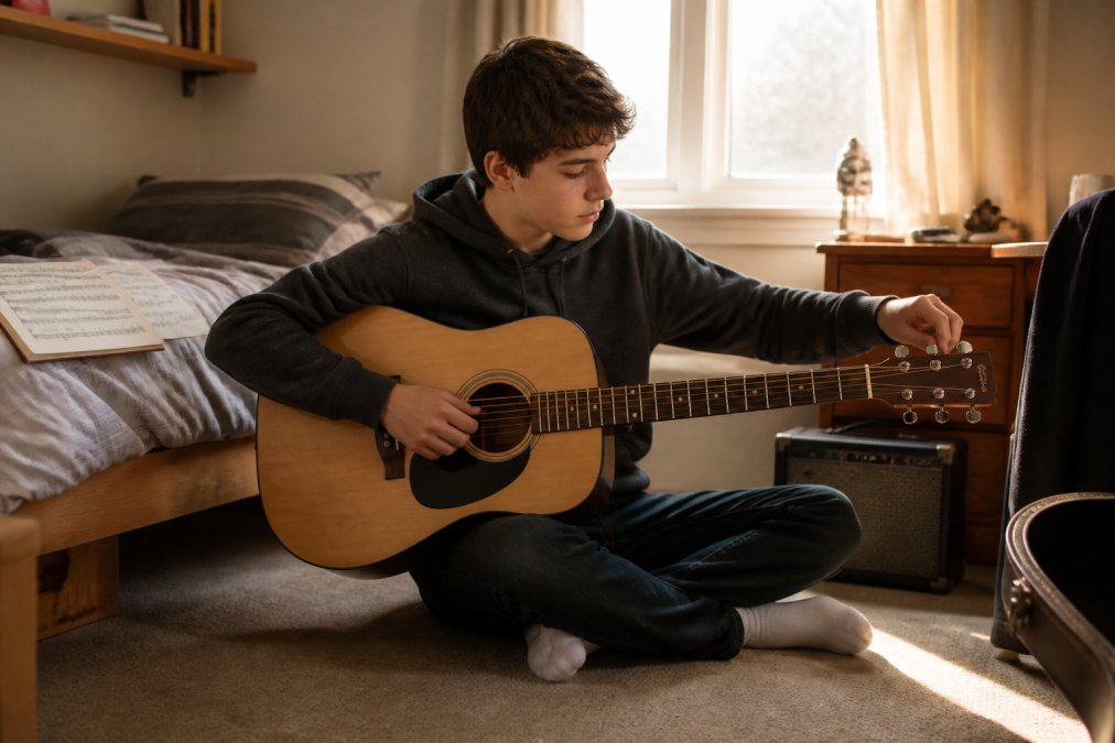 Teenager sitting on a bedroom floor tuning an acoustic guitar, a piece of essential music gear for beginners.
