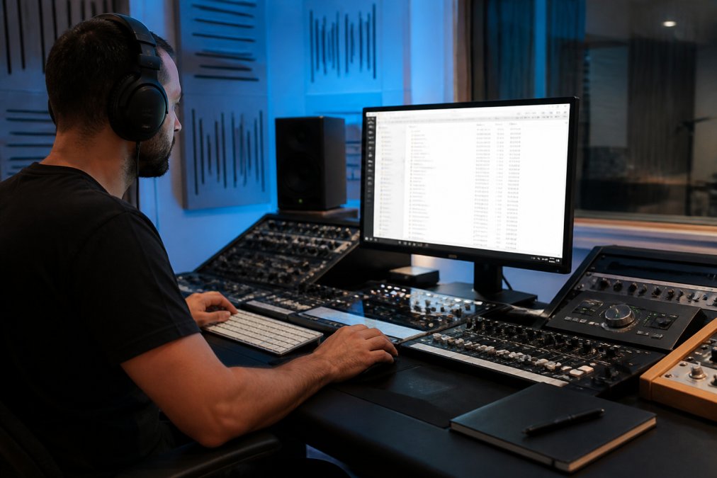 Professional music producer at a mixing console with headphones, reviewing metadata tags on a computer screen in a modern recording studio with soft blue lighting and acoustic panels