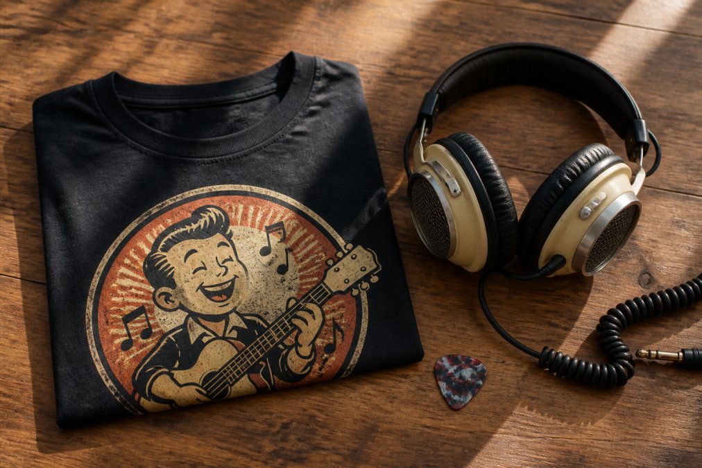 A flat lay of music-themed apparel and accessories on a wooden table, including a folded t-shirt with a retro cartoon graphic, a guitar pick, and vintage headphones under warm natural light