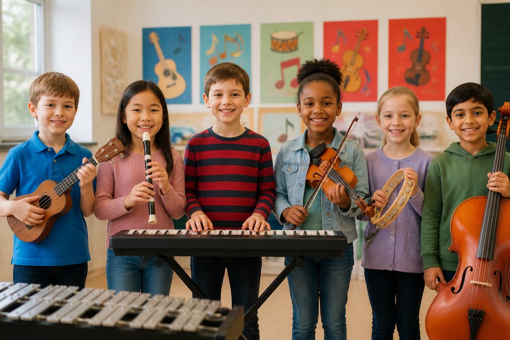 A group of primary school-aged children each holding different instruments, ukulele, recorder, keyboard, and violin, smiling in a bright, naturally lit classroom with colourful music posters on the walls