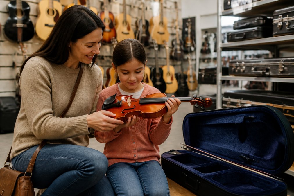 A parent and child examining a violin together inside a music shop, with instrument cases and shelves of gear visible in the background, warm overhead lighting creating an inviting atmosphere
