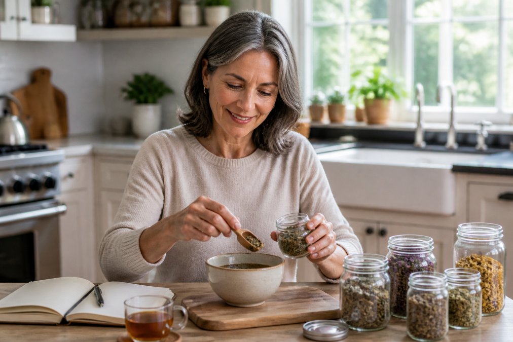 A woman in her 50s in a bright, modern kitchen, carefully measuring dried herbs from small glass jars into a ceramic bowl, with a notebook and a cup of tea nearby, conveying a sense of calm, intentional wellness