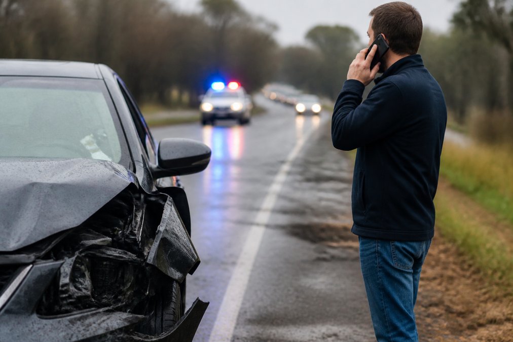 Driver standing beside damaged vehicle at roadside, making a phone call with emergency lights visible in the background