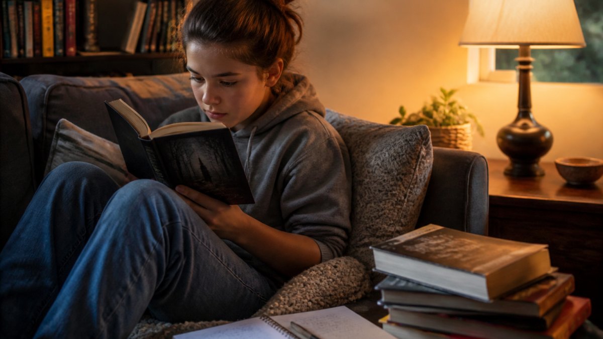 A teenager curled up on a couch reading a mystery novel, a stack of similar paperbacks and an open notebook beside them, warm indoor lamp light