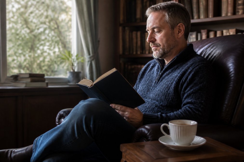 Person reading a mystery novel in a comfortable armchair with a warm cup of tea nearby, showing deep engagement and immersion in the story, natural window lighting