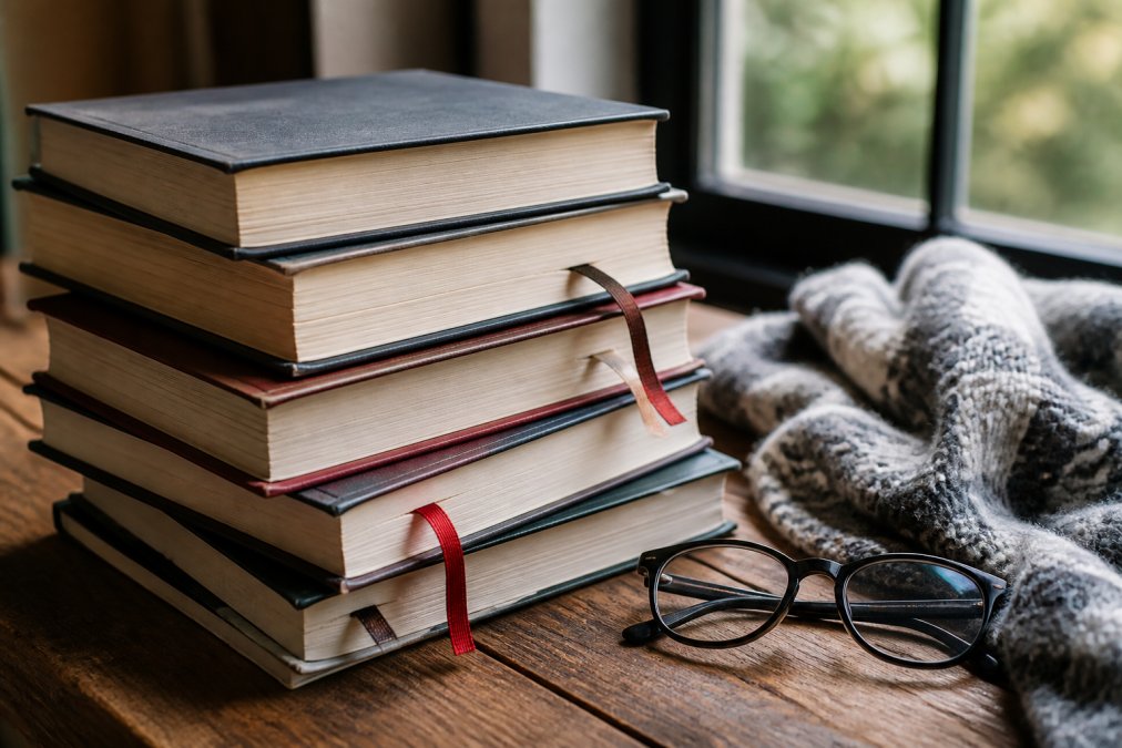 Stack of mystery and thriller novels arranged on wooden surface with bookmarks, reading glasses, and a cozy blanket nearby, natural window lighting