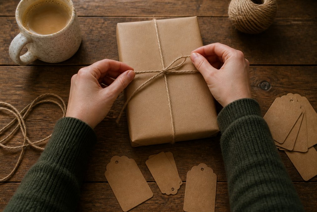 Hands wrapping a book in kraft paper with twine, surrounded by handwritten clue tags and a reading mug on a wooden surface, warm lighting