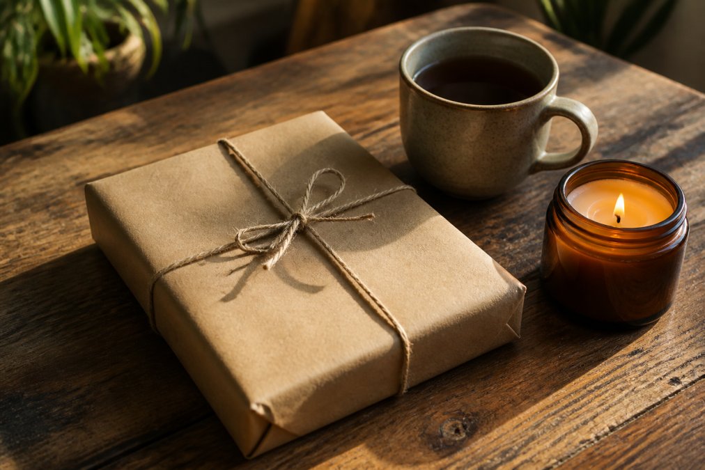 A neatly wrapped book in brown kraft paper tied with twine, resting on a wooden table beside a steaming mug of tea and a single lit candle, photographed in warm afternoon light with soft shadows