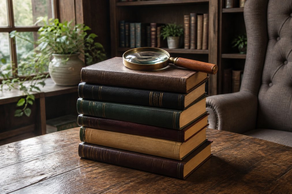 A stack of mystery novels with a magnifying glass resting on top, set on a wooden table in a cozy reading nook with soft natural light