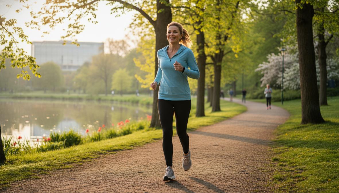 A fit, middle-aged man jogging along a tree-lined park path in early morning light, looking energetic and healthy, wearing athletic gear with visible muscle tone, suggesting vitality and active healthy aging