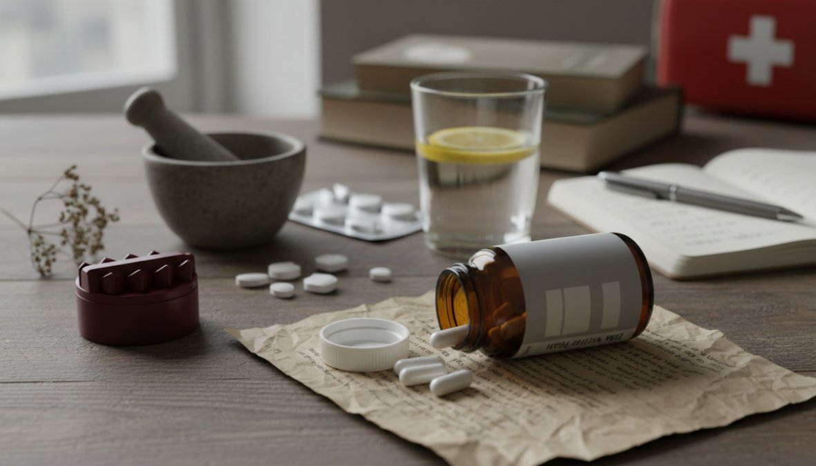 Close-up of a person's hand holding a single supplement capsule next to a clear glass of water on a clean white kitchen counter in natural daylight, suggesting mindful and deliberate supplementation