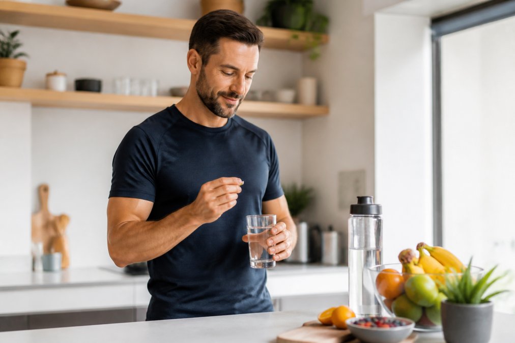 Active adult taking a supplement with a glass of water at a bright kitchen counter with fresh fruit nearby