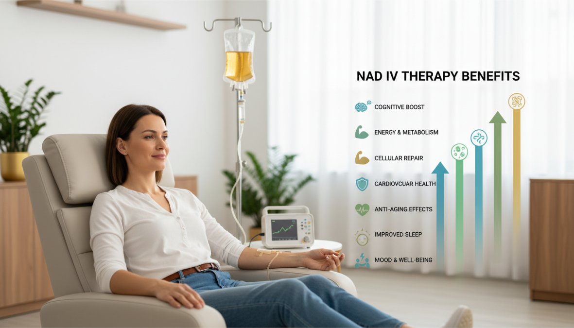 A person receiving NAD+ IV therapy in a comfortable clinic setting, showing the IV drip and monitoring equipment