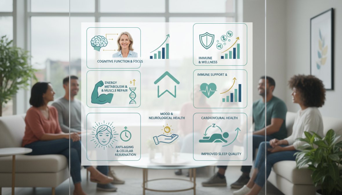 Diagram illustrating the impact of NAD+ on neurotransmitter balance and brain health, showing the positive effects on mood, focus, and cognitive function