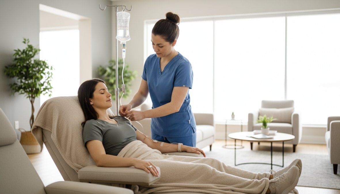 A registered nurse in scrubs carefully adjusting an IV drip line for a relaxed patient seated in a modern, well-lit wellness clinic lounge chair with warm ambient lighting and clean white decor