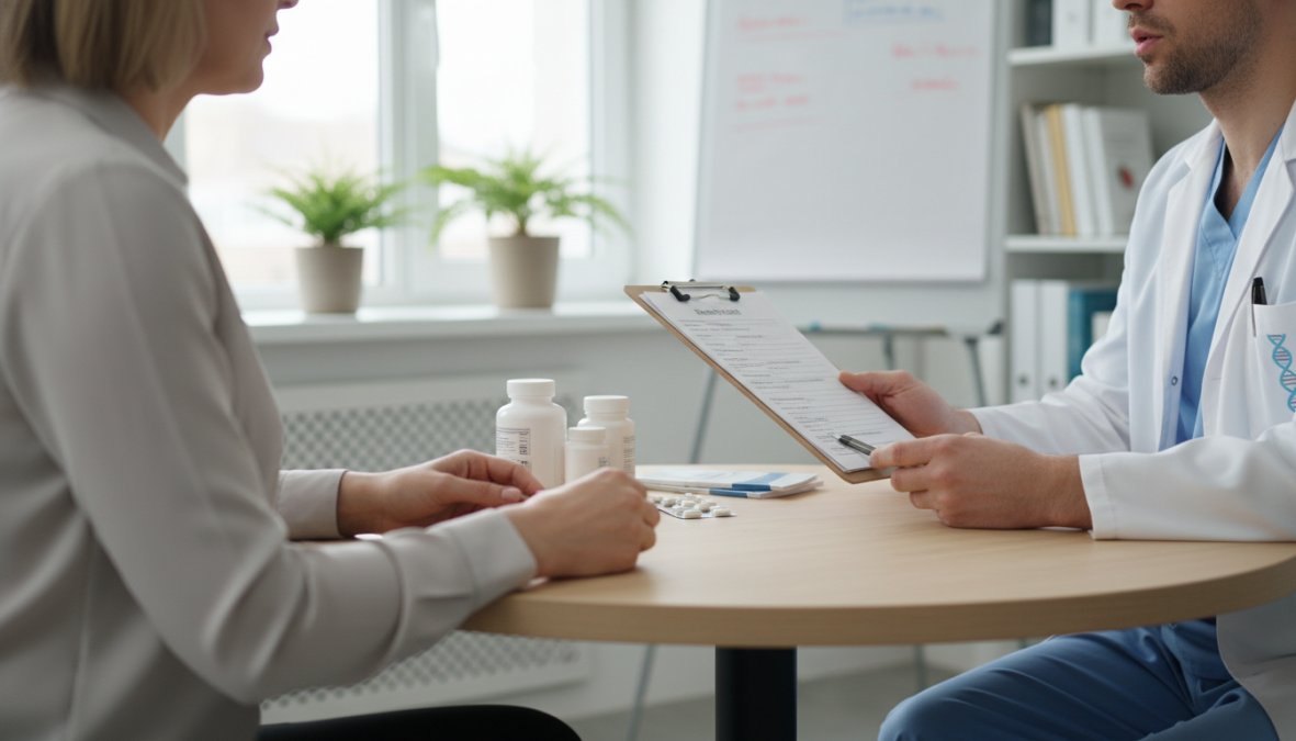 A medical professional in white scrubs reviewing a patient intake form on a clipboard in a clean, well-lit clinical consultation room with neutral tones and medical equipment visible in the background