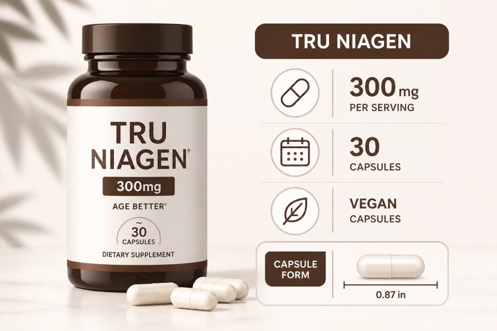 Best NAD+ Supplement 2026: Top Picks Reviewed 1 Close-up of Tru Niagen supplement bottle with capsules displayed on a clean white surface with soft natural lighting, showing the product label and capsule form