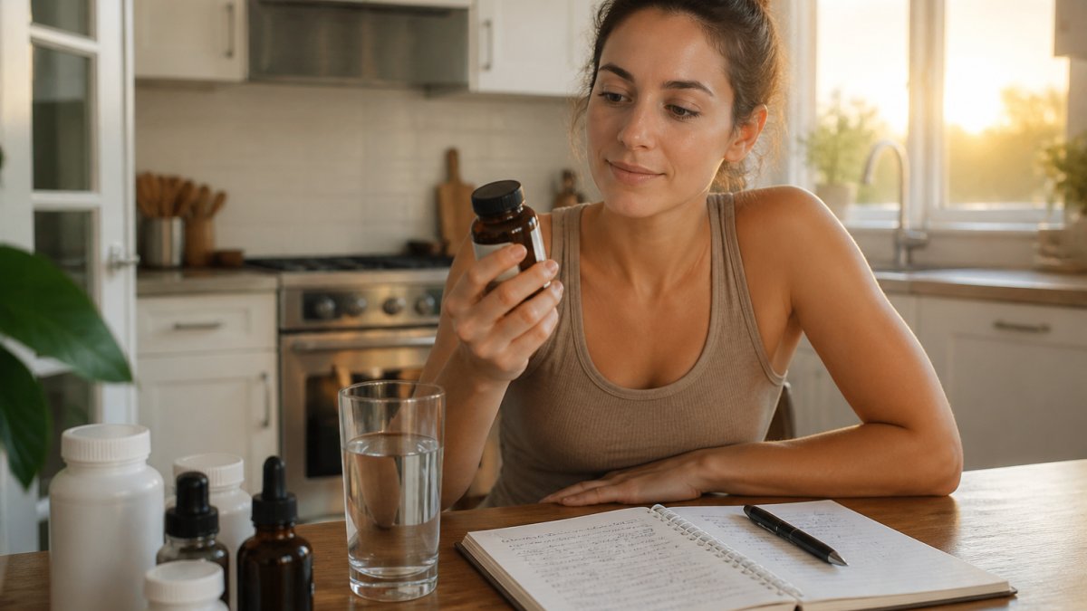 A person in a bright kitchen at sunrise holding a small amber supplement bottle next to a glass of water and a paper notebook with handwritten notes