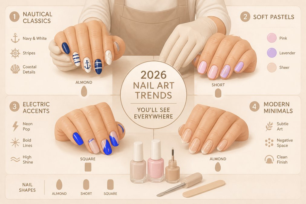Professional manicurist displaying multiple nail designs on model hands, showing nautical patterns with navy and white stripes, soft pastel pinks and lavenders, and electric blue neon accents on various nail shapes including almond, short, and square nails under bright salon lighting
