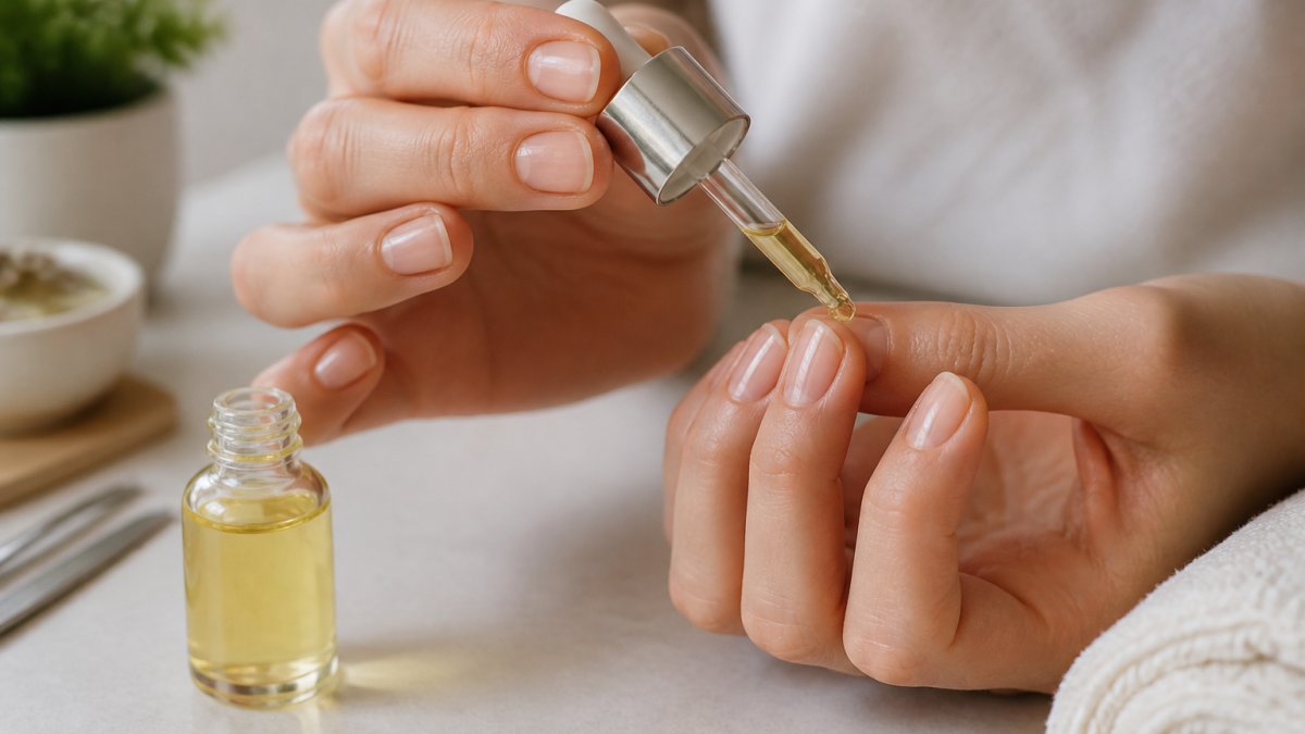 Close-up of a woman's hands applying cuticle oil from a dropper bottle to her nails, with a small glass bottle and soft towel on a clean bathroom counter