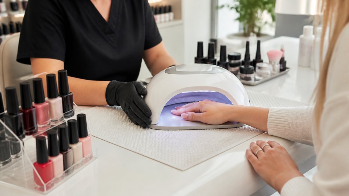A nail technician's workspace with a compact UV/LED nail lamp on a clean mat, gel polish bottles arranged beside it, and a client's hand resting under the lamp in a bright salon setting