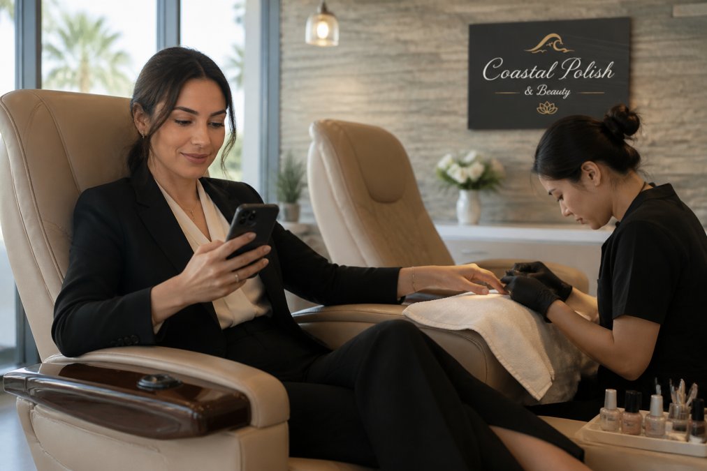 A professional woman in business attire relaxing in a modern, upscale nail salon chair while checking her phone, with a nail technician working on her manicure in the background