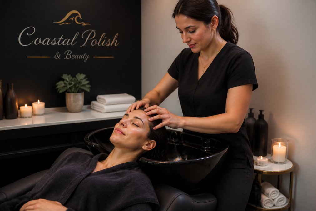 A woman relaxing as a technician performs a scalp massage at a nail salon with a modern, serene spa atmosphere.