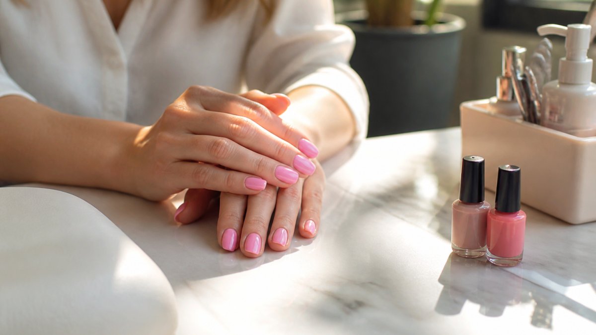 Close-up of hands with a fresh solid-color gel manicure resting on a clean modern salon table, soft natural window light catching the glossy finish