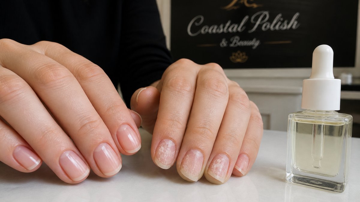 Close-up of hands showing healthy nails with natural shine next to damaged, peeling nails displaying white brittle edges and dull texture from gel manicure wear, with a nail strengthening product visible on a light surface