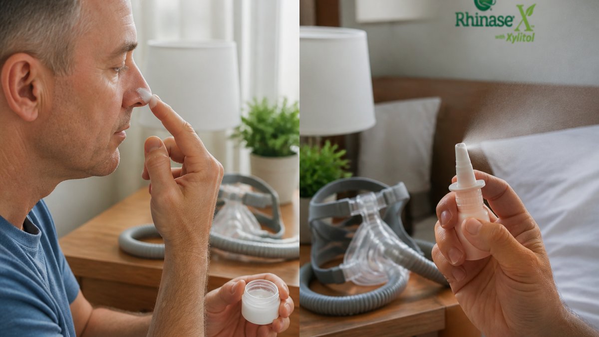Person's hand applying nasal gel to the inside of the nose with a CPAP mask visible on a nightstand in soft morning light