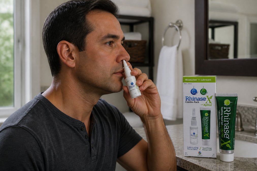 Person using a nasal spray in profile view, demonstrating proper application technique with natural lighting in a bathroom setting