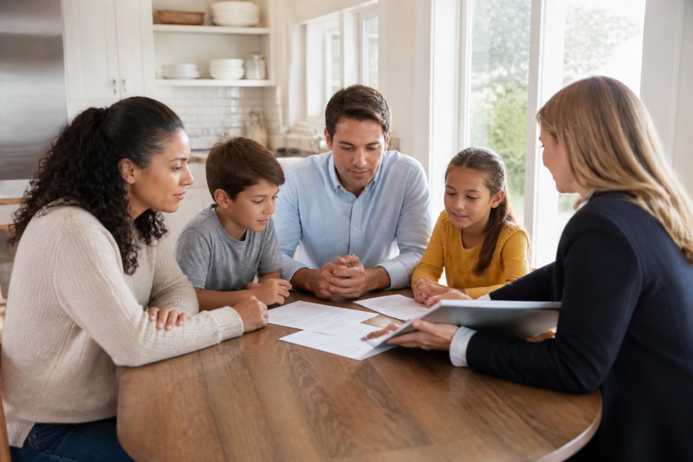 A family of four sitting at a kitchen table reviewing insurance documents with a friendly agent, natural daylight from a nearby window