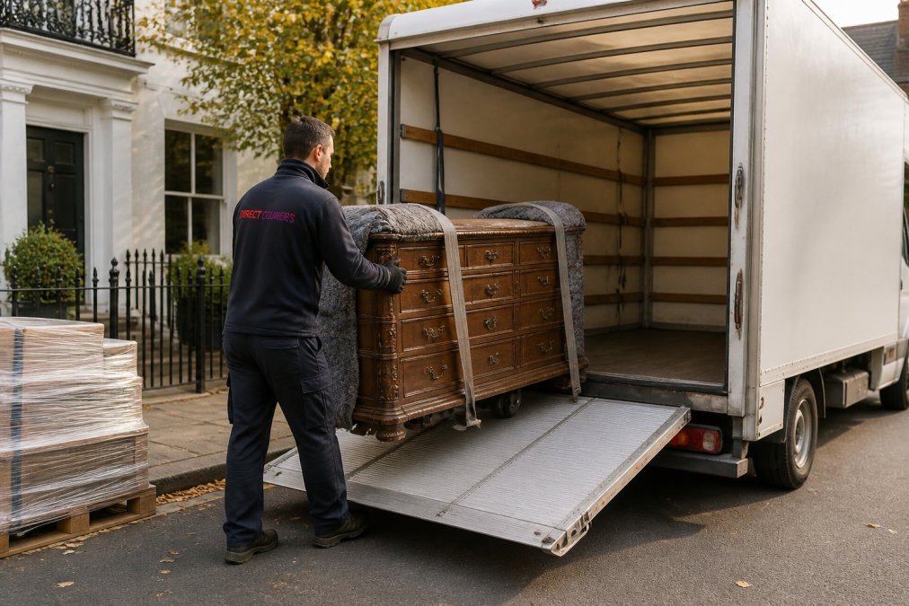 A courier for antiques uses straps to load a large wooden dresser into a Luton van on a driveway.