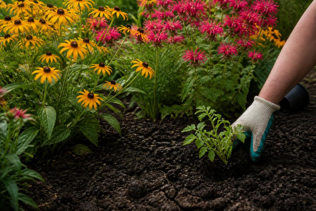 A vibrant garden bed filled with black-eyed Susans and bee balm growing in dark, heavy soil, with a gardener's hand visible planting a new perennial