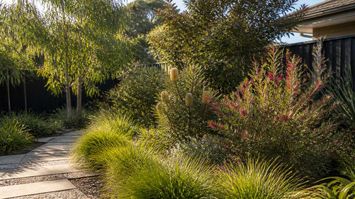 A landscaped Sydney backyard with layered native planting: Lomandra ground covers in the foreground, flowering grevillea and banksia shrubs in the mid-ground, and a small eucalyptus and lilly pilly at the back, with a paved path and natural afternoon sunlight