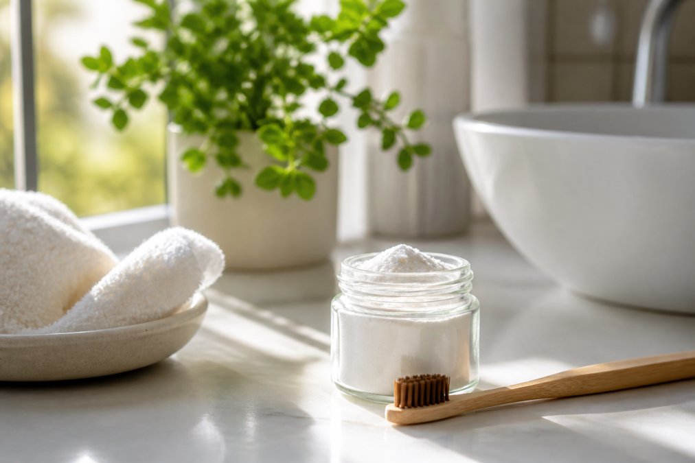 A bright, clean bathroom counter with a small glass jar of natural tooth powder, a wooden toothbrush, and a green plant in the background, soft natural light streaming through a window