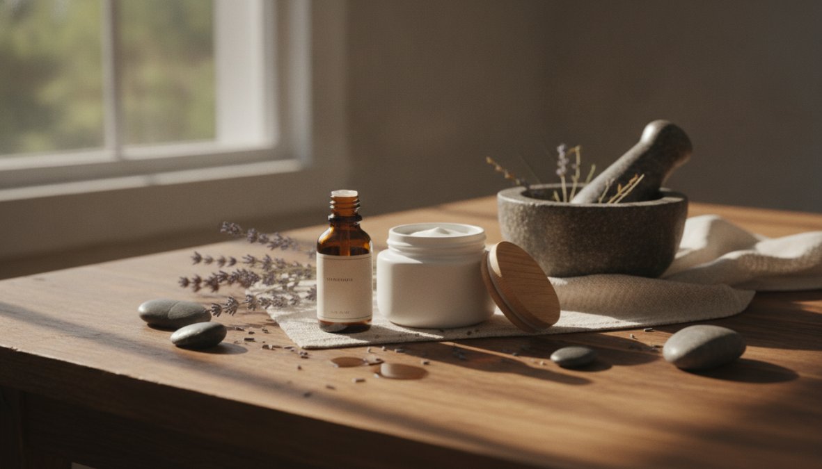 Close-up of natural pain relief products including essential oil bottles, herbal cream jars, and fresh herbs like ginger and turmeric arranged on a wooden surface with soft natural lighting
