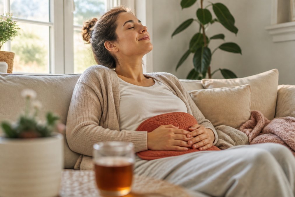 A woman relaxing on a couch with a heating pad on her lower abdomen, looking comfortable and relieved, soft afternoon light through a window