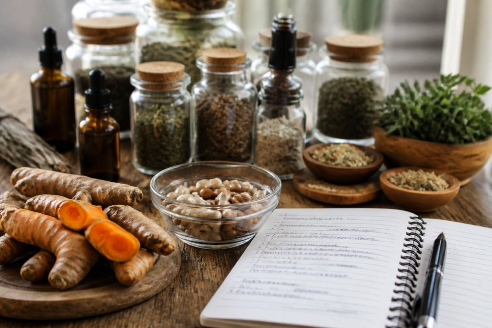 A wooden table with an assortment of herbal supplements, fresh turmeric root, dried herbs in small glass jars, and a notebook with handwritten wellness notes in warm natural lighting
