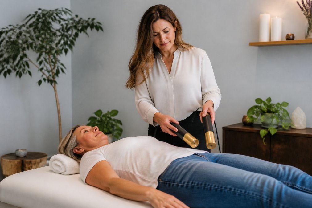 A practitioner in a calm clinical wellness room placing therapeutic devices near a relaxed patient lying on a treatment table, with soft ambient lighting and plants in the background