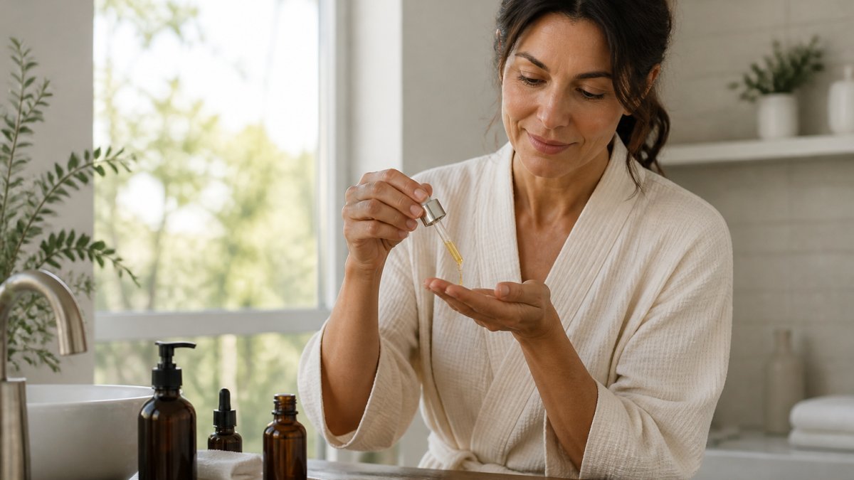 A woman in her forties applying a few drops of golden facial oil to her fingertips at a bathroom vanity, soft morning light, minimal natural skincare bottles nearby