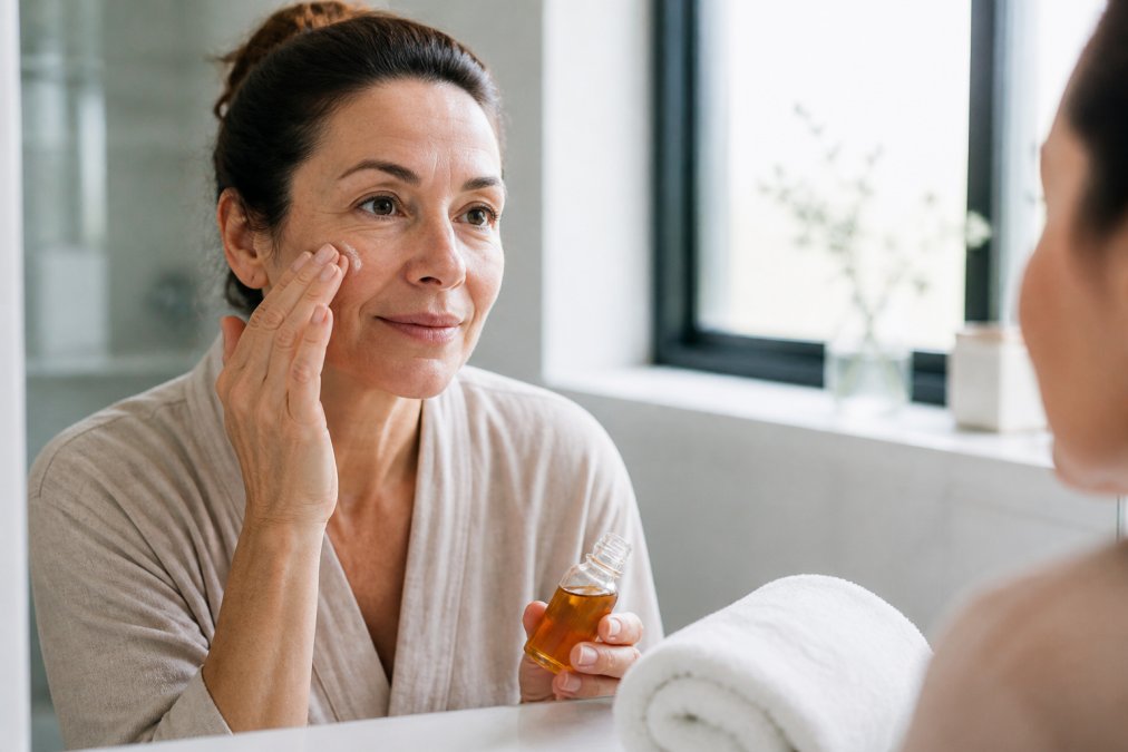 A woman in her 40s applying amber rosehip oil serum to her face in a bright bathroom, soft natural light from a window, cotton towel and small glass bottle visible on the counter