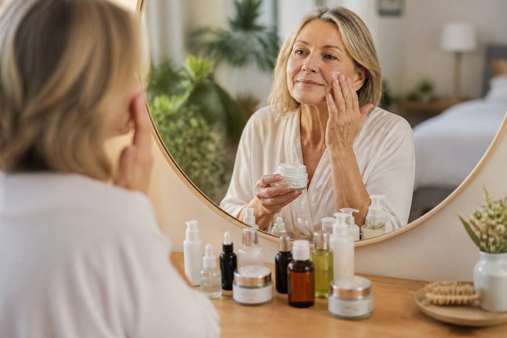 A woman in her 50s with healthy, glowing skin applying cream from a glass jar at a well-lit vanity, with several clean-packaged skincare products arranged neatly in front of a large mirror