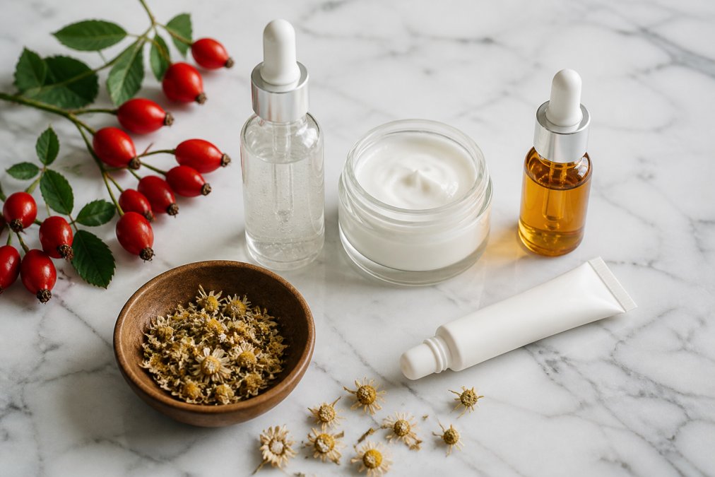 Flat lay of an organized natural skincare routine on a white marble surface: a glass serum bottle, a cream jar, a facial oil dropper, and an eye cream tube in minimal packaging, with fresh rosehip berries and dried chamomile flowers placed nearby