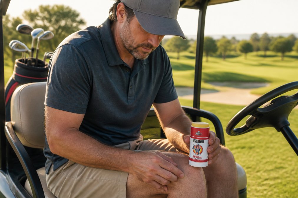 Active adult male applying a CBD topical therapy stick to his knee joint after a round of golf, sitting on a golf cart with a lush green golf course in the background under afternoon sunlight
