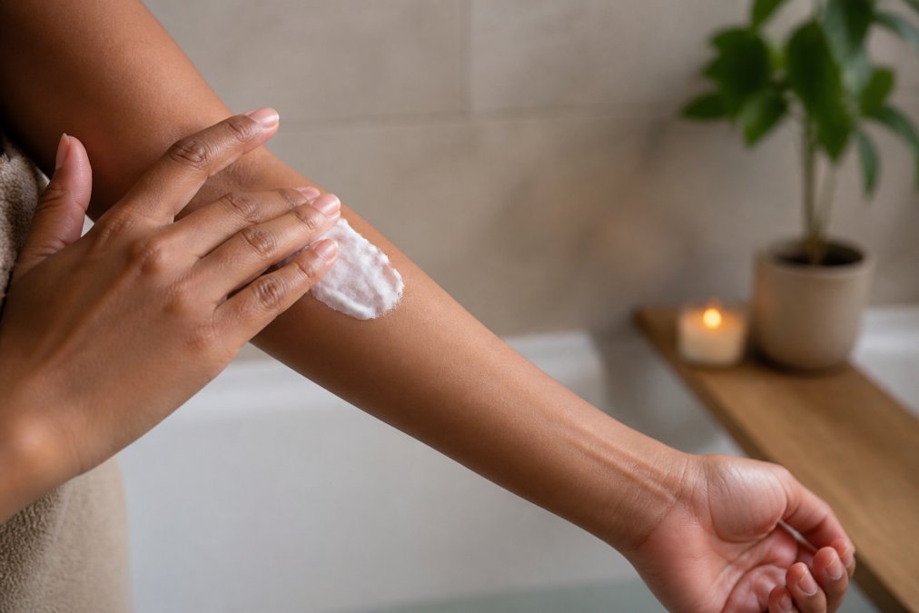 Close-up of a person's hands applying a dollop of creamy whipped soap onto their forearm, soft neutral-toned bathroom background, natural light
