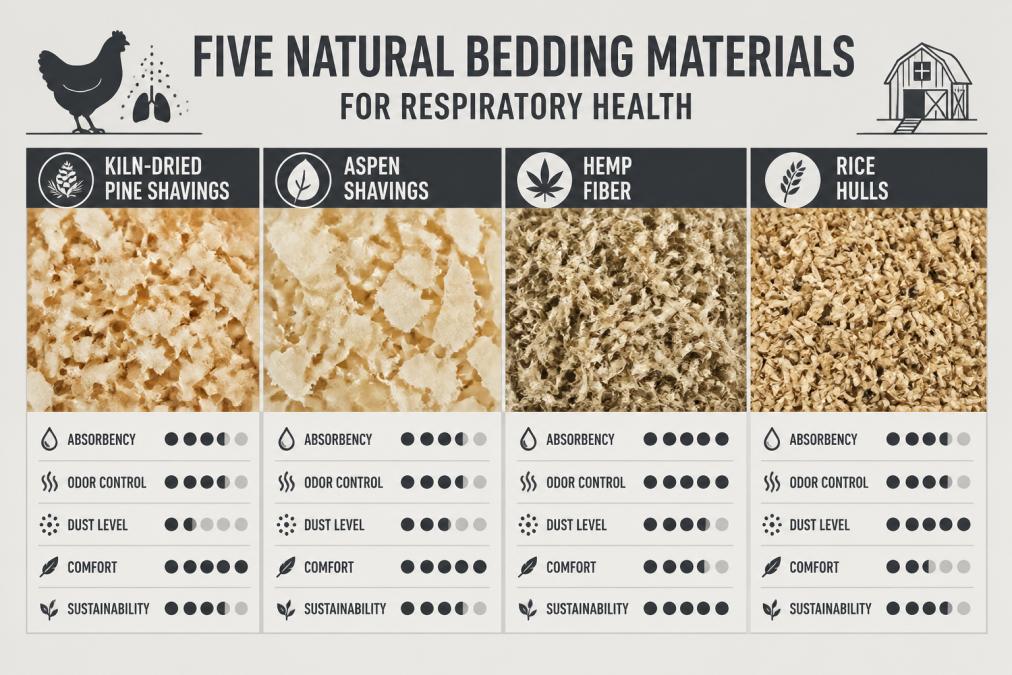 Close-up view of different natural bedding materials spread side by side in a chicken coop setting, showing texture and color variations of kiln-dried pine shavings, aspen shavings, hemp fiber, and rice hulls under natural light